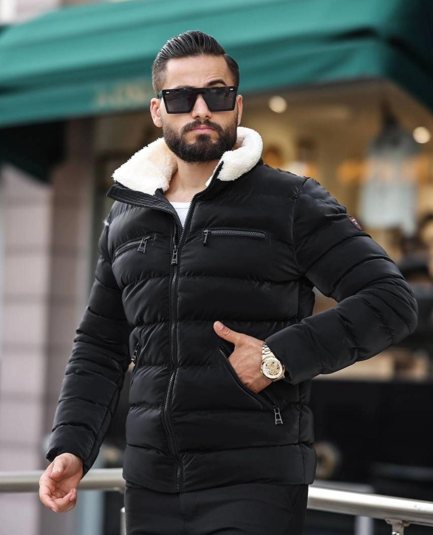 Lüks%20Deri%20Dik%20Yaka%20Kürk%20Detaylı%20Erkek%20Mont