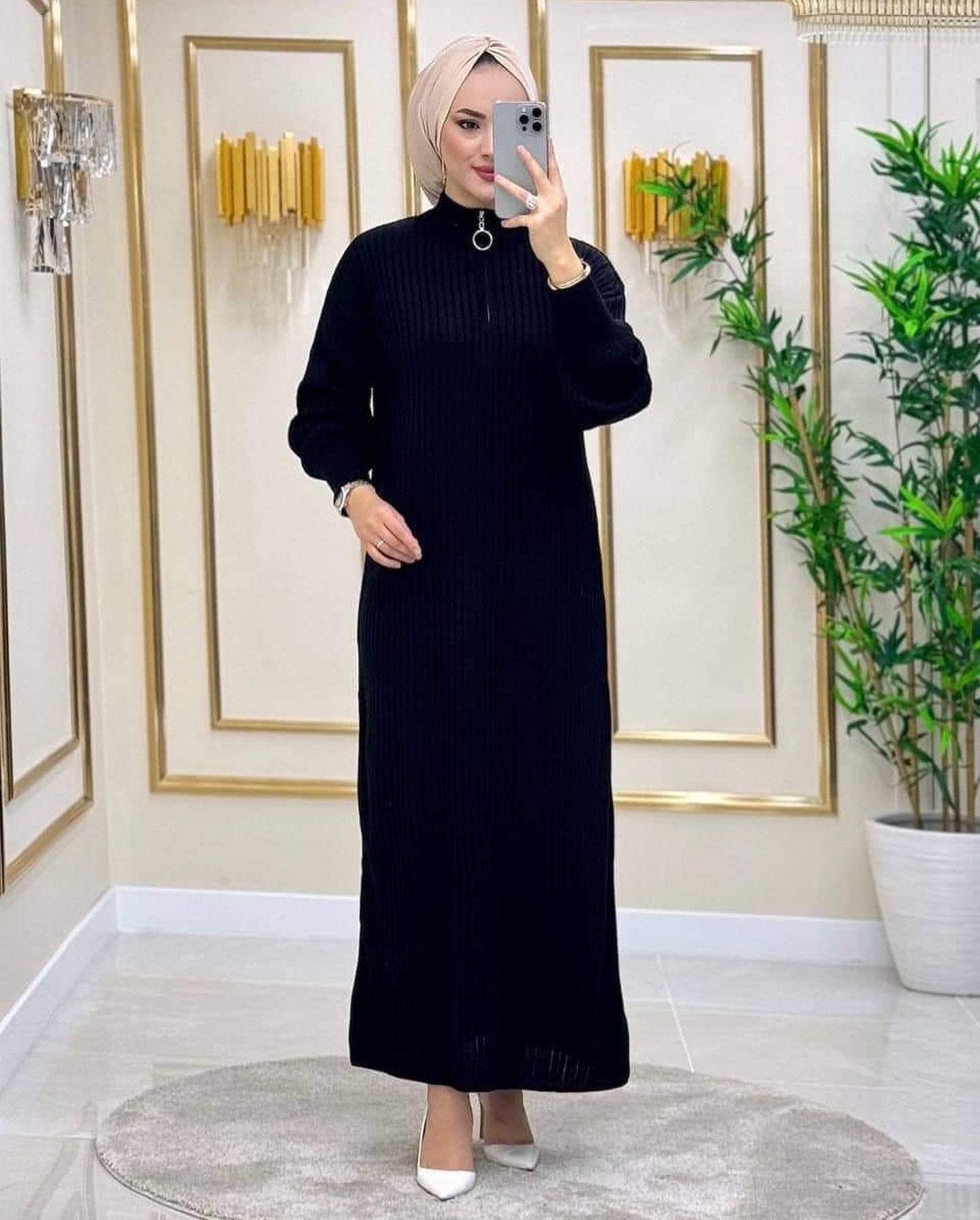Yaka%20Fermuar%20Detaylı%20Fitilli%20Triko%20Elbise
