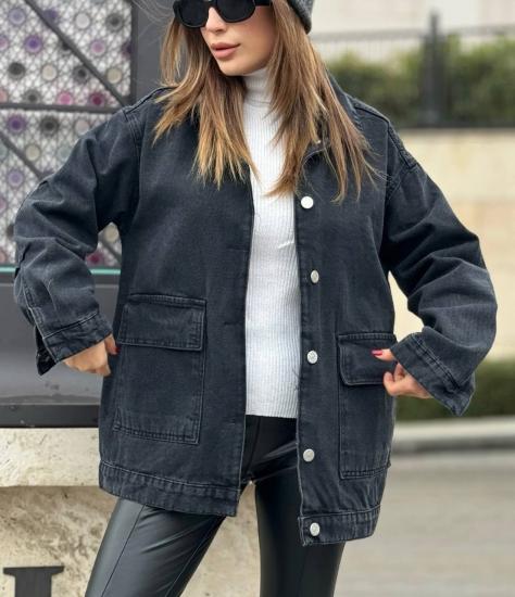 Torba Cep Kapaklı Oversize Kesim Denim Kot Ceket