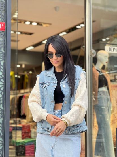 Triko Kol Detaylı Denim Ceket