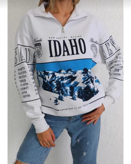 İdaho Baskılı Fermuarlı Yarım Boğaz Oversize Üç İp Sweatshirt