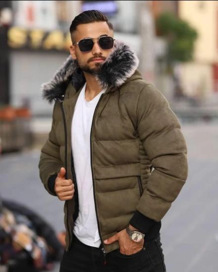 Kapüşonlu Süet Şişme Mont