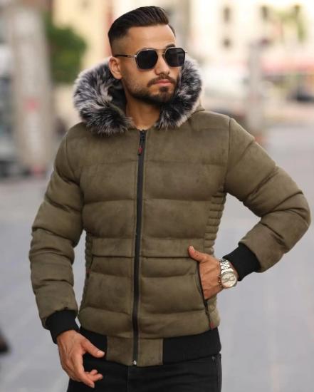 Kapüşonlu Süet Şişme Mont