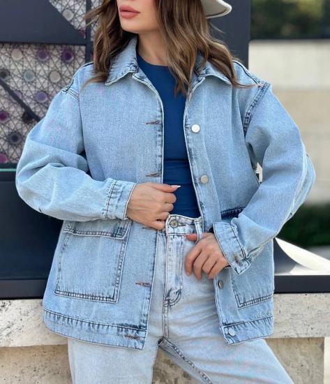 Torba Cep Kapaklı Oversize Kesim Denim Kot Ceket
