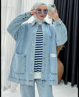 Etiket Detaylı Denim Kot Oversize Cepli Ceket