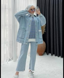 Etiket Detaylı Denim Kot Oversize Cepli Ceket