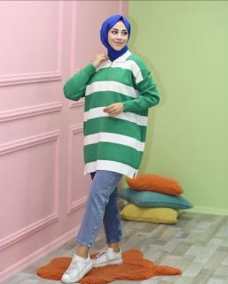 Polo Yaka Fermuarlı Çizgili Tunik