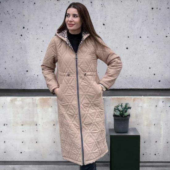 Kapitone Leopar Detaylı Ara Boy Kaban