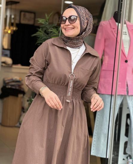 Yakalı Yarım Fermuarlı ve Bel Lastikli Elbise