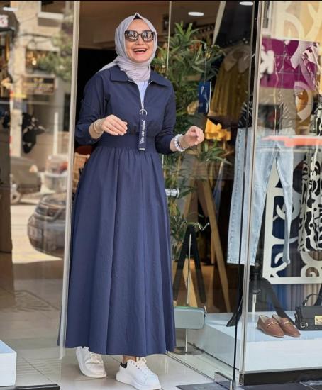 Yakalı Yarım Fermuarlı ve Bel Lastikli Elbise