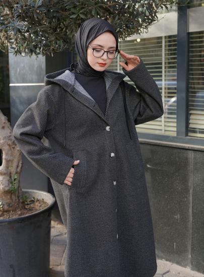 Balık Sırtı Desen Oversize Kaşe Kaban