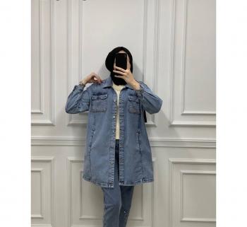 Cep Kapaklı Oversize Ara Boy Kot Denim Ceket