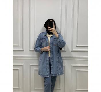 Cep Kapaklı Oversize Ara Boy Kot Denim Ceket